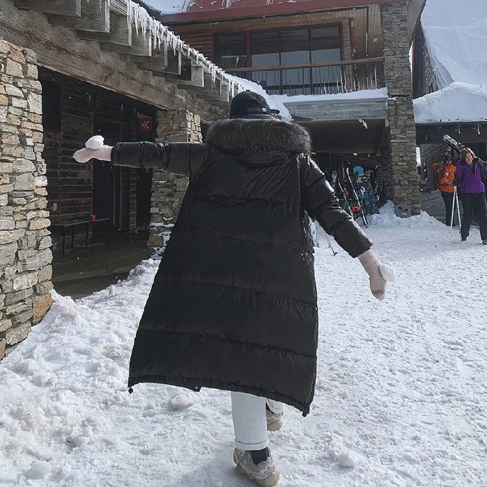 Новинка, зимняя женская пуховая парка с капюшоном, модная длинная куртка с длинным рукавом, Большие меховые карманы, плотное пальто, женская верхняя одежда C99001K