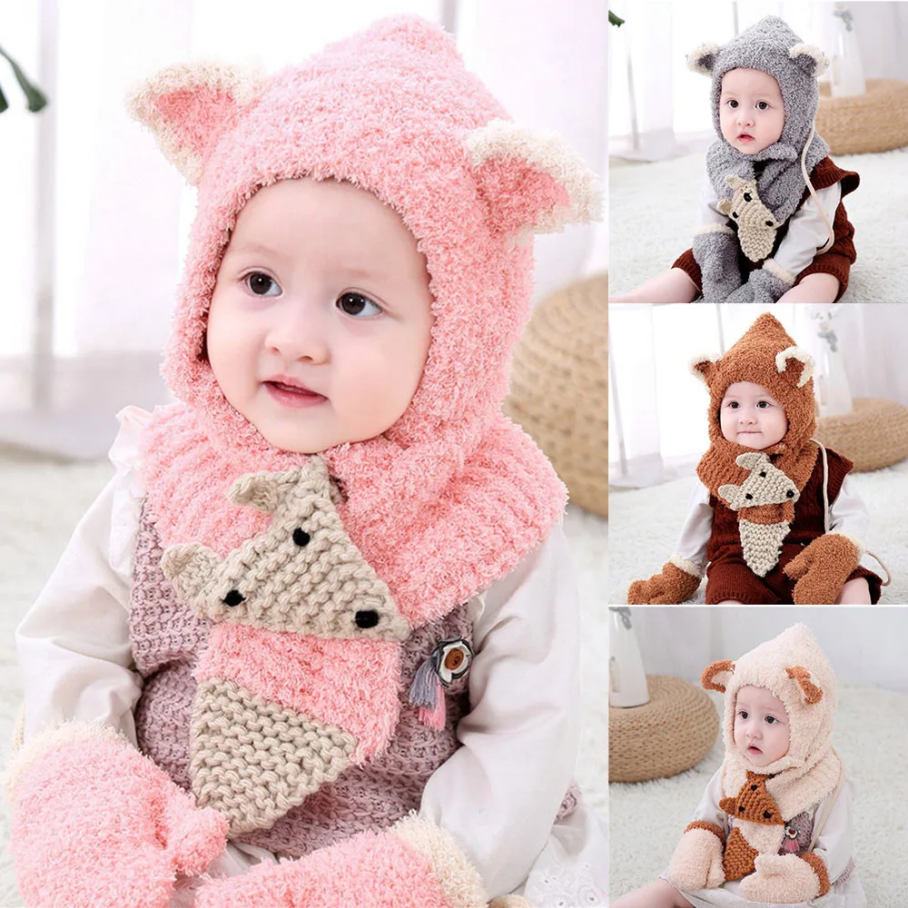 Baby Winter Gloves Toddler Girls&ampBoys Crochet Knit Hat Beanie Cap Scarf Set Children Mittens hooded gloves | Детская одежда и