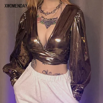 

Sexy V Neck Shine Wild Slim T Shirt Women Long Sleeve Street Style Bandage Crop Top Female Party Club Fashion Gold Bright Tops