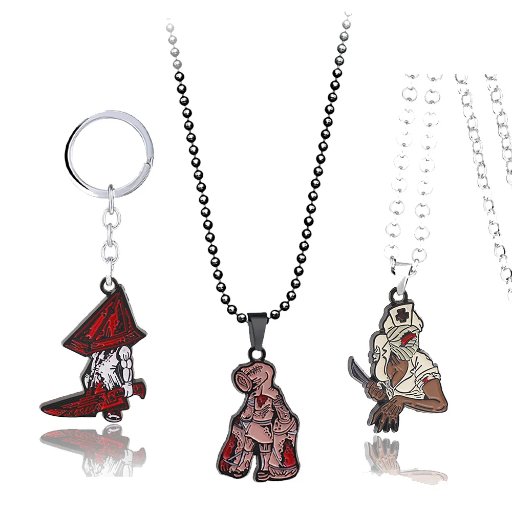 

Silent Hill Key Chain Necklaces Red Pyramid Bubble Nurse Pendant Necklace Chain Metal Keychain Keyrings Gift Jewelry for Mens