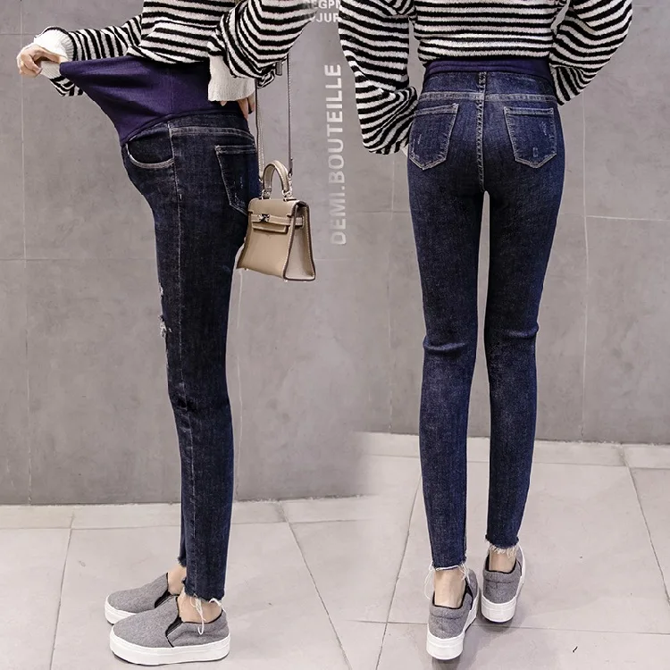 

Pregnant Women Pants 2018 New Style Abdominal Support Warm-keeping Pants Pregnant Women Skinny Jeans Slim Fit with Holes-Style F