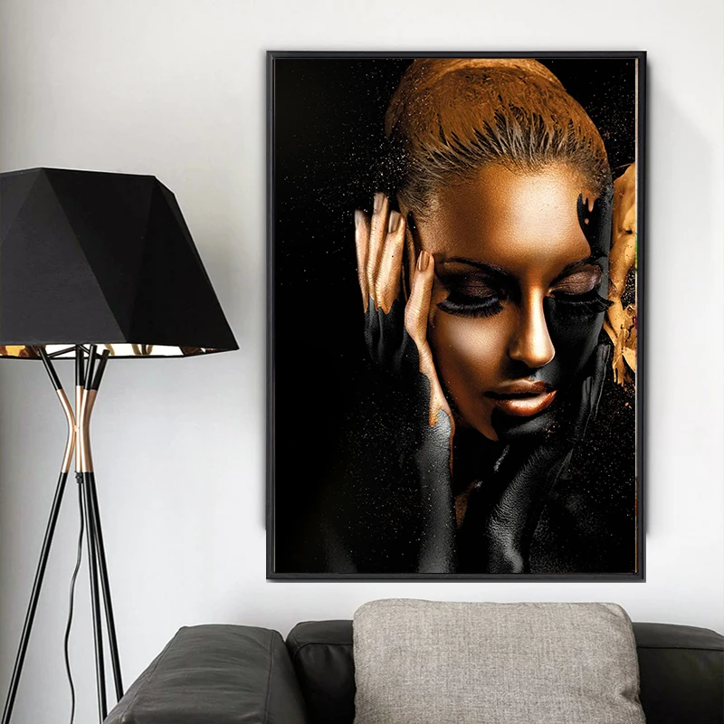

SELFLESSLY Black Art Girl Golden Canvas Paintings For Living Room Modern Art Prints Figure Pictures Posters and Prints Unframed
