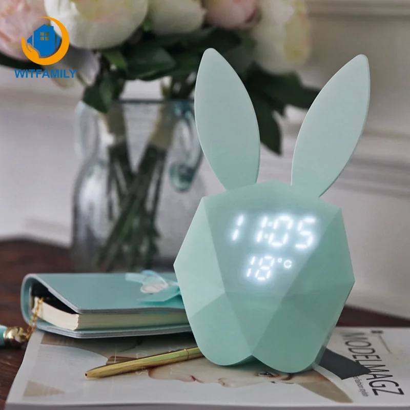 

LED Electronic Alarm Clock Sound Sensitive Cute Rabbit Desktop Clock Snooze Function Display Temperature and Calendar Wall Clock