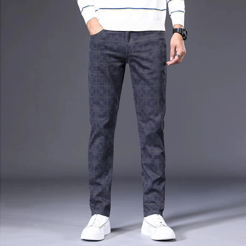 Casual Pants Clothing Fit-Trousers Plaid Fashion Stretch Slim Mens Cotton High-Quality