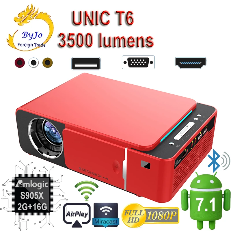 Online Original UNIC 2019 nuevo T6 1280x720 LED Proyector 3500 lúmenes Keystone USB HDMI VGA AV Beamer casa teatro Proyector