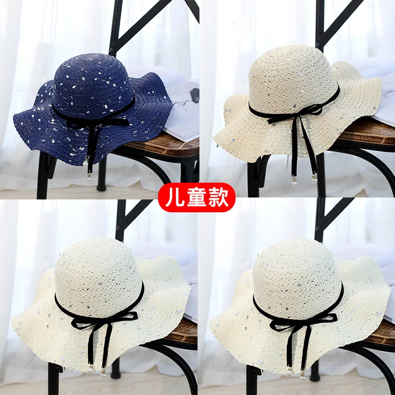 

Korean-style Straw Sequin Sweet Bow Wave Edge Dayan Mao Seaside Beach Hat Summer Parent And Child Small Straw Hat Women's