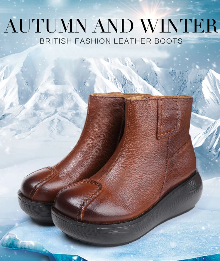 OUKAHUI/осенние винтажные повседневные ботинки из натуральной кожи на плоской платформе; женская обувь; зимние теплые женские полусапожки