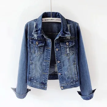 

2020 New Spring Autumn Casual Jeans Coat Korean Plus Size 4XL 5XL 6XL Slim Hole Long Sleeve Denim Jacket Women's Short Top m251