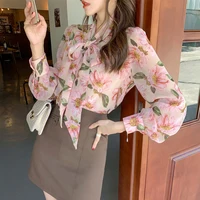 Top Femme 2021 Spring Chiffon Shirt Floral Blouse Bow Tie Ribbon Long-sleeved Shirt Vintage Clothes Women Blouse Pink Flowers 2