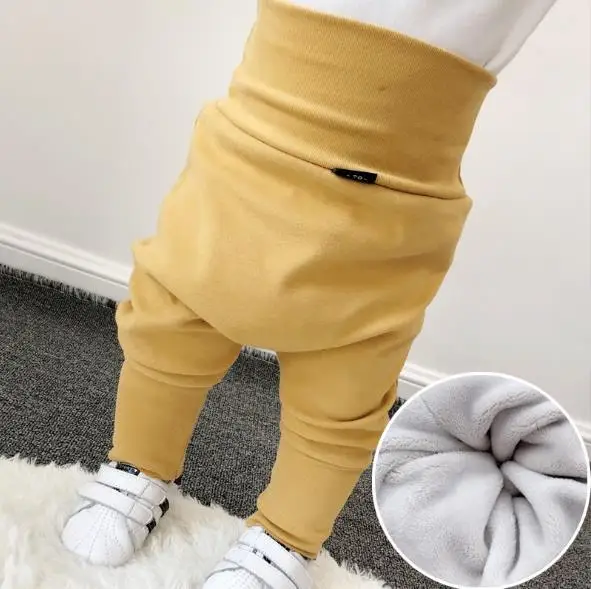 Yellow Новые зимние детские шаровары с мехом Хлопковые Штаны с высокой талией для малышей повседневные штаны для новорожденных свободные эластичные штаны для малышей - Цвет: Yellow