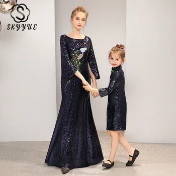 

Skyyue Shiny Parent Child Evening Dress DB168 Embroidery Mermaid Party Dresses O-Neck Long Sleeve Mother-child Formal Gowns 2020
