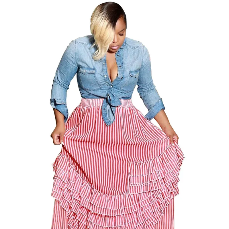 New design sexy elegant skirts women sexy high waist striped print ruffles maxi skirt women skirt femme LN9158