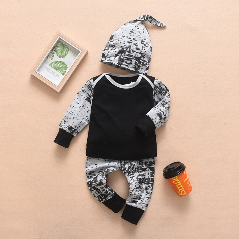 

PatPat 2020 New Summer and Spring Black and gray long sleeve three-piece suit Baby Toddler Girl Tops Long-Sleeve and Pants