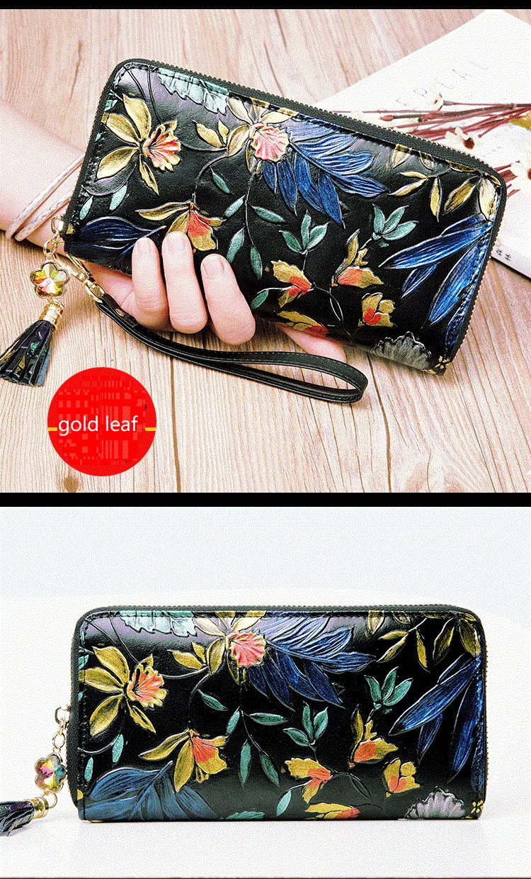 Echtes Leder Brieftasche Frauen Große Kapazität Karte Halter Geldbörse Floral Frauen Leder Brieftaschen Lange Weibliche Geldbörse – Detail 11