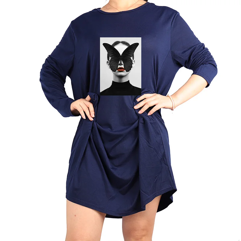 Plus Size Nordic Art Dress Butterfly Girl Cool Women Midi Dresses O-Neck Autumn Thin Long Sleeve Pockets Loose Party Vestidos