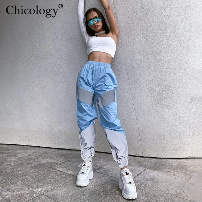 Tanie Chicology flash odblaskowe patchworkowe długie spodnie z wysokim stanem damskie streetwear spodnie 2019 jesienne zimowe damskie klubowe ubrania imprezowe