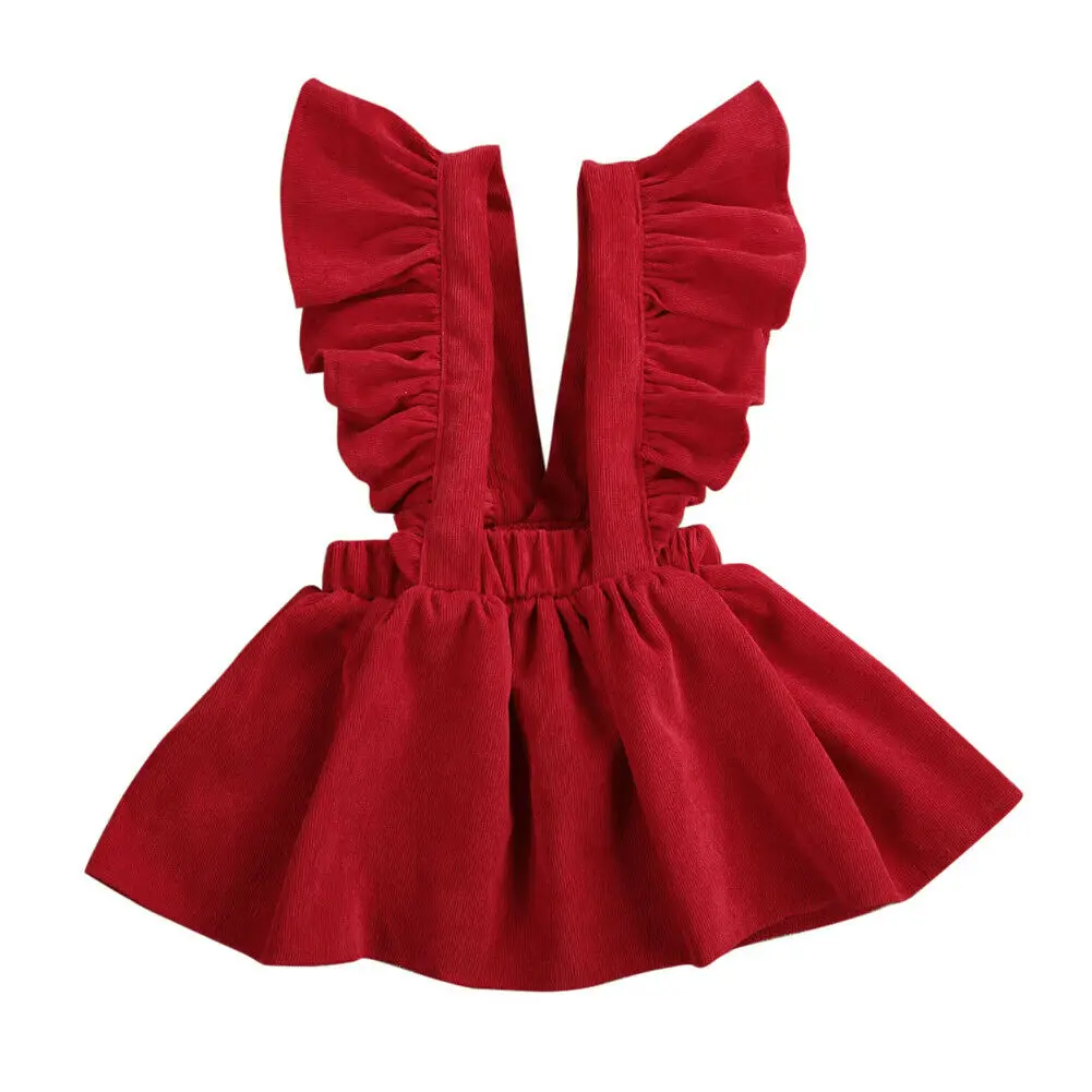Платье для новорожденных девочек; вельветовое платье с оборками и рукавами-крылышками; Повседневное платье на бретелях; От 1 до 6 лет - Цвет: Красный