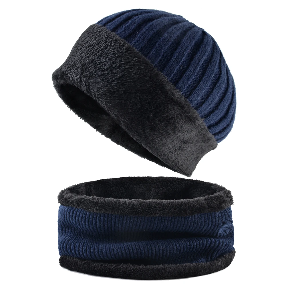 Winter Beanie And Scarf For Men Solid Thick Knitted Hat Scarf Set Outdoor Snow Skullies Beanies Women Warm Velvet Hats Scarves - Цвет: Blue Set