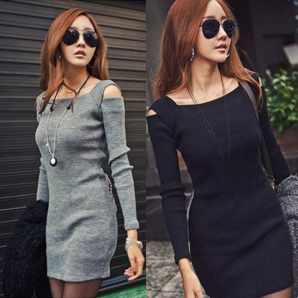 Women Knit Knitwear Short Sweater Mini Dress M/L/XL/XXL Crew Neck Long Sleeve Black Gray Shoulder Opening Fashion For Lady | Женская