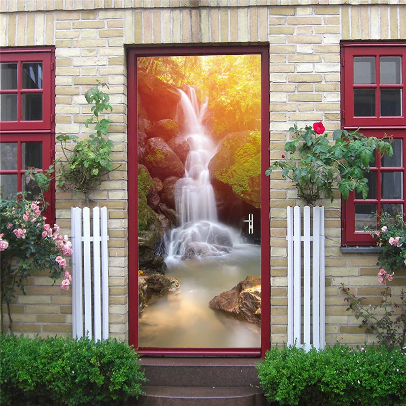 

2pcs/Set Colored Waterfall 3D Adhesive Doors Wallpaper Vinyl Sliding Glass Door Stickers Waterproof Poster DIY Art Mural Decals
