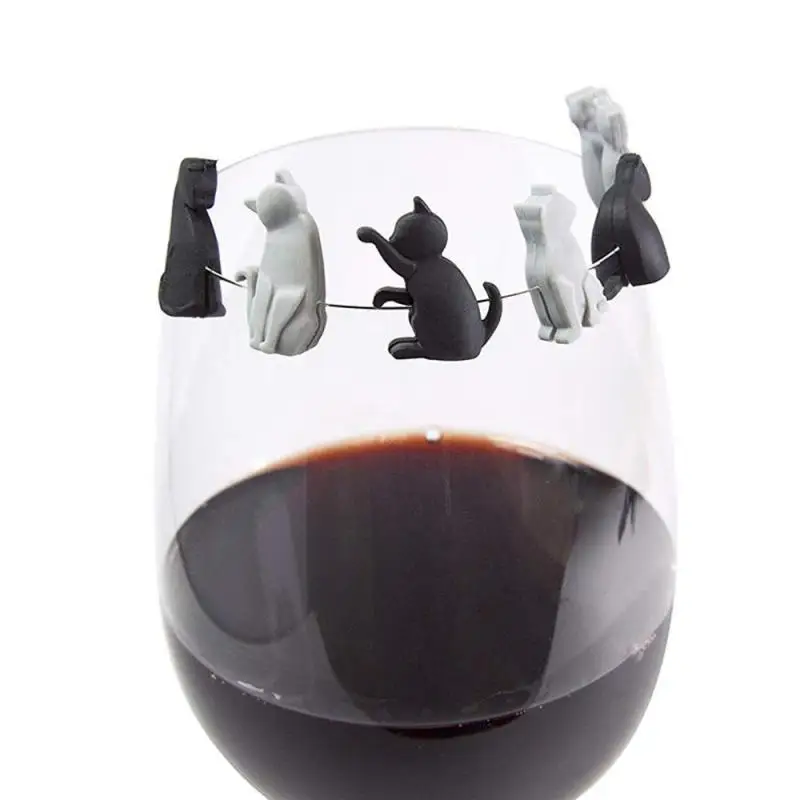 6-pack Cat Wine Glass Marker Tea Bag Hanging Cat Wine Glass Recognizer Mixed