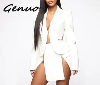 

Genuo Autumn PU Leather Sexy Women Jacket And Skirt Set Fashion Long Sleeve V-Neck Two Piece Set Women Zipper Casual Ladies Set