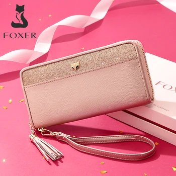 

FOXER Women's Glitter Cowhide Leather Long Wallets with Wristle Luxury Female Purse Lady Clutch Cellphone bag fit Iphone 8 Plus