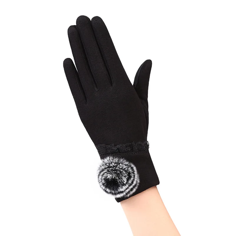 Sparsil, женские зимние теплые перчатки для сенсорного экрана, кашемировые, на запястье, на все пальцы, варежки, для девушек, модные, кружевные, элегантные, женские перчатки - Цвет: 022-Black