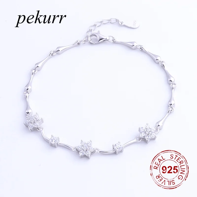 Pekurr, серебро, 925 пробы, 3 ромашки и 2 циркония, браслет для женщин, творческая цепочка, ювелирное изделие, подарок, высокое качество