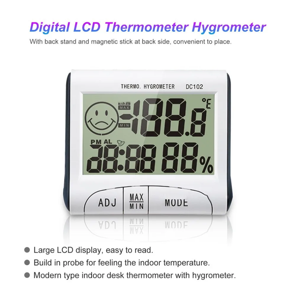 Mini LCD Digital Indoor Thermometer Hygrometer Temperature Humidity Meter Clock Desk Weather Station DC102 With Magnetic Stand