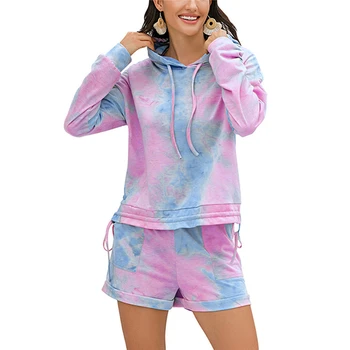 

2Pcs Women Sleepwear Tie Dyed Hooded Long-Sleeves Pullover + Elastic Waist Shorts with Pockets for Ladies Pajama Sets Nightwear