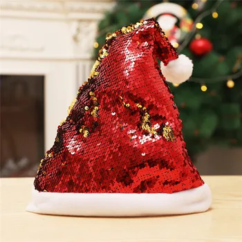 

28x36 CM Christmas Hats Winter Warm Red Sequin Soft Santa Hat Plush Push Thicken Hairball Adult Caps Christmas Decoration
