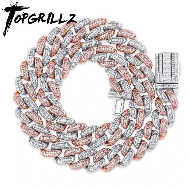 

TOPGRILLZ 14mm 16-30 Inch Miami New Box Clasp Cuban Link Chain Charm Baguette Zircon Necklace Hip Hop Rock Jewelry For Mens