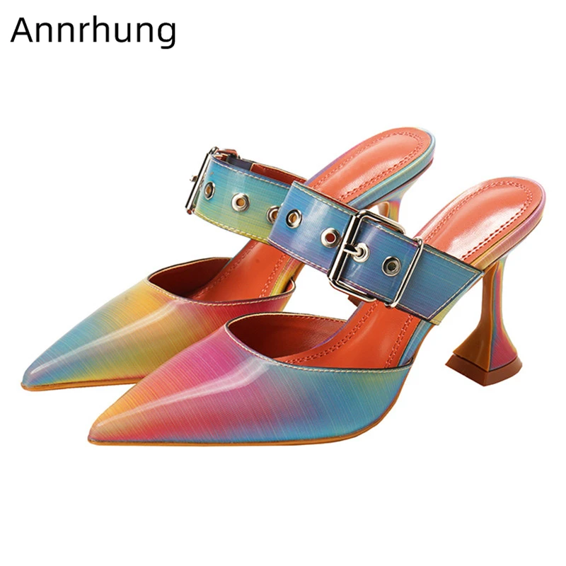 

Colorful Rainbow Color Sandals Women Slingback Pointed Toe One-belt Goblet Heel Summer Sandalias High Heel Shoes Woman