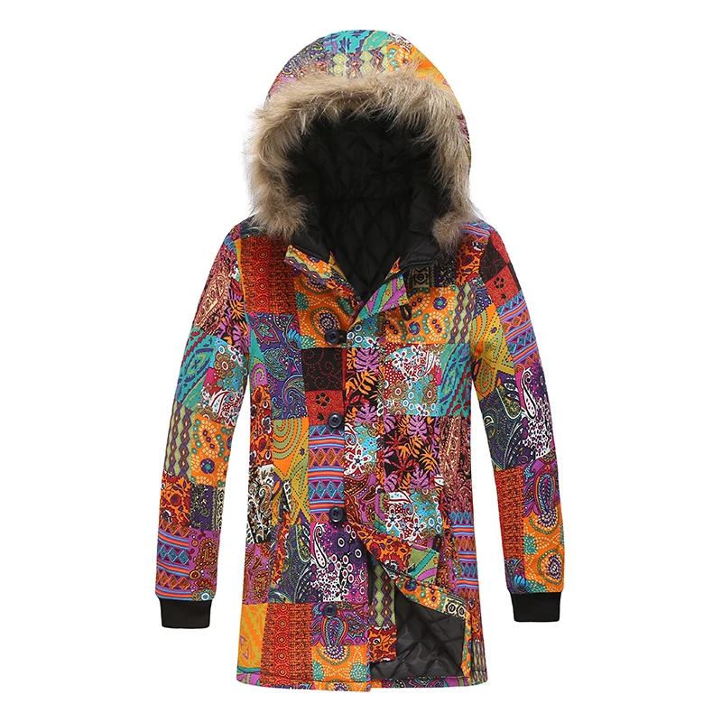 

Vintage outwear Printing Warm Pocket Hooded coat men Winter Jacket Faux Fur long Coat