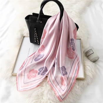 

2020 Women Elegant Silk Scarf Floral Rose Silk Neck Scarves Square Foulard Shawls for Ladies Head Kerchief Girl Hair Accessories