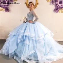 Роскошное небесно-Голубое Бальное Платье принцессы бальные платья с длинными рукавами с блестками из бисера Иллюзия корсет сзади сладкий 16 платье