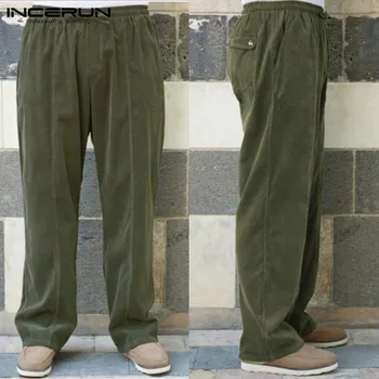 

INCERUN Autumn Men Solid Elastic Waist Cotton Linen Cargo Trousers Fashion Leisure Retro Joggers Street Mens Straight Leg Pants