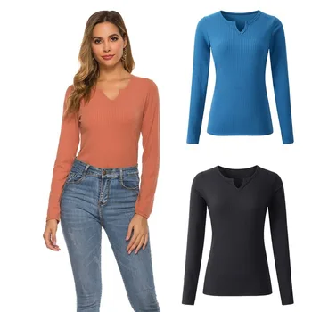 

2020 European and American spring new bottoming shirt solid color V-neck long-sleeved sweater top winter clothes women