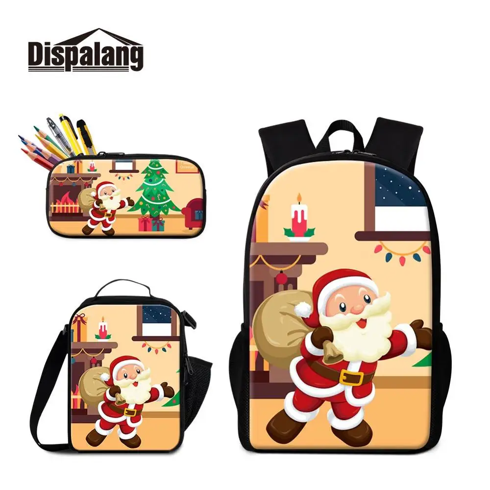

Design Santa Claus Print 3 Pcs in 1 Set School Backpack and Lunch Bags with Pencil Bag 3 pcs/set Black Girls Kids School Supply