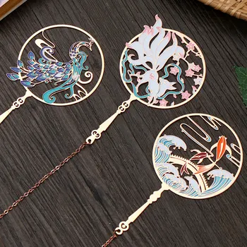 

Chinese Element Retro Peacock Koi Tassel Pendant Group Fan Shape Brass Bookmark Metal Book Clip Pagination Mark
