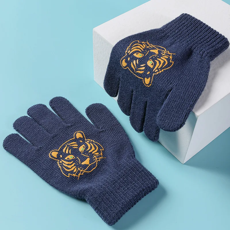 5-10 Year Old Boy Girl Student Full Finger Mitten Children Kid Winter Warm Stretch Knit Cartoon Animal Cat Tiger Print Glove I91