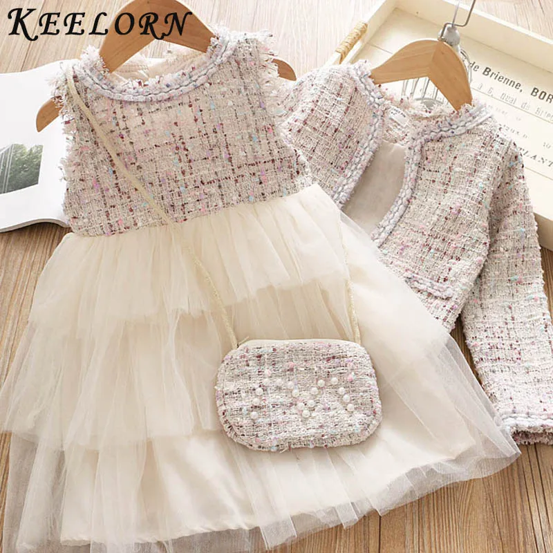 Kopen Keelorn Meisjes Kleding Set 2020 Elegant Meisjes Lente Winter Nieuwe Mesh Jas 3 Pcs Geur Vest Jurk + Jassen + tas Pakken Meisjes Sets
