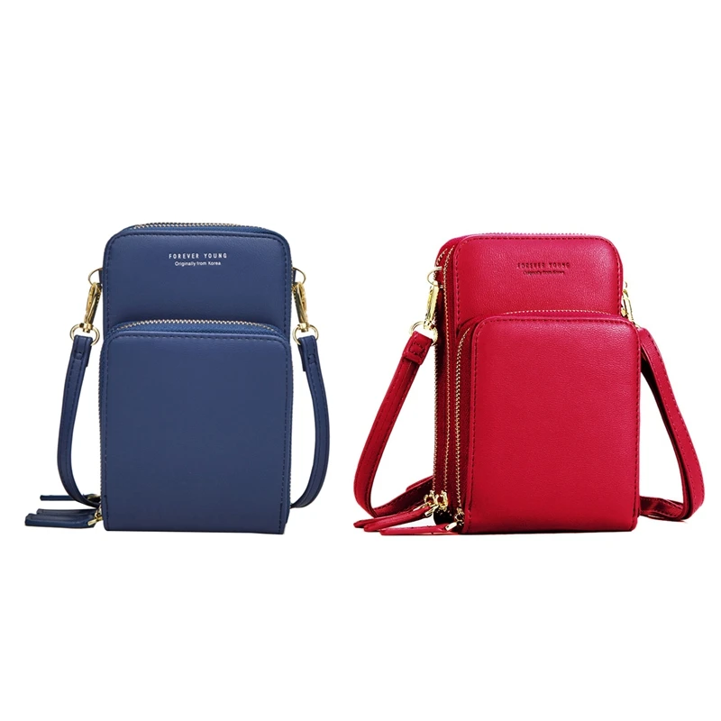 

2Pcs Colorful Cellphone Bag Fashion Daily Use Card Holder Small Summer Shoulder Bag for Women Navy Blue & Red
