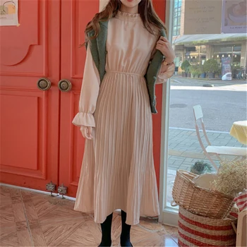 

Casual Korean Women Solid Pleated A-Line Mid-Calf Dress Spring Long Sleeve O-Neck Elegant Ladies High Waist Dresses Vestidos