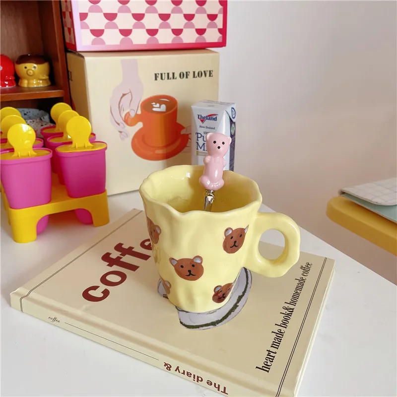 

Cutelife Nordic Bear Yellow Ceramic Coffee Cup Mug Cute Drinking Milk Tea Breakfast Cup Reusable Couple Gift Mug Home Decoration