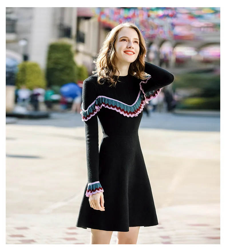 

Autumn 2019 New Women Dress Wear Soft Comfortable Knitted Bottom Black Long Sleeve Slim Patchwork Women's Casual Dress
