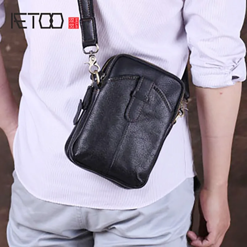 

BJYL Head leather men's mini bag, leather one-shoulder slant edifer bag, retro casual soft leather mobile phone bag vertical