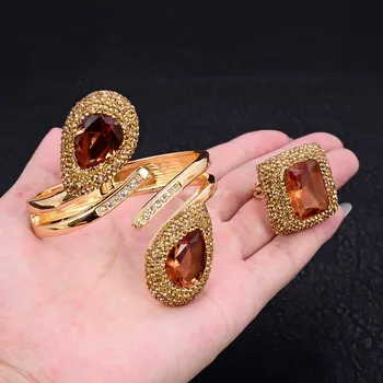 

GG Jewelry Gold Color Bracelet Ring Set Brown Big Pink Crystal Ring Bracelet for Women Girls
