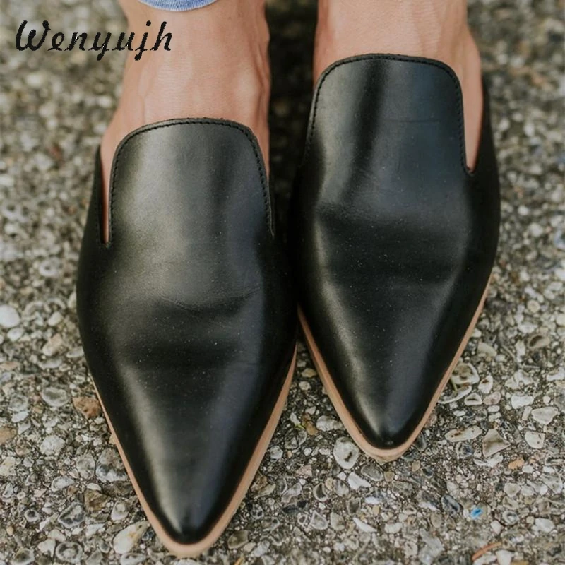 

WENYUJH Women Summer Shoes Sandals Low Block Heels Leather Shoes Patchwork Round Toe Vintage Sandals Female Slippers